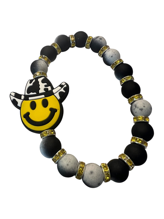 Happy Face Cowboy Country Glam Glass Black & White Bracelet