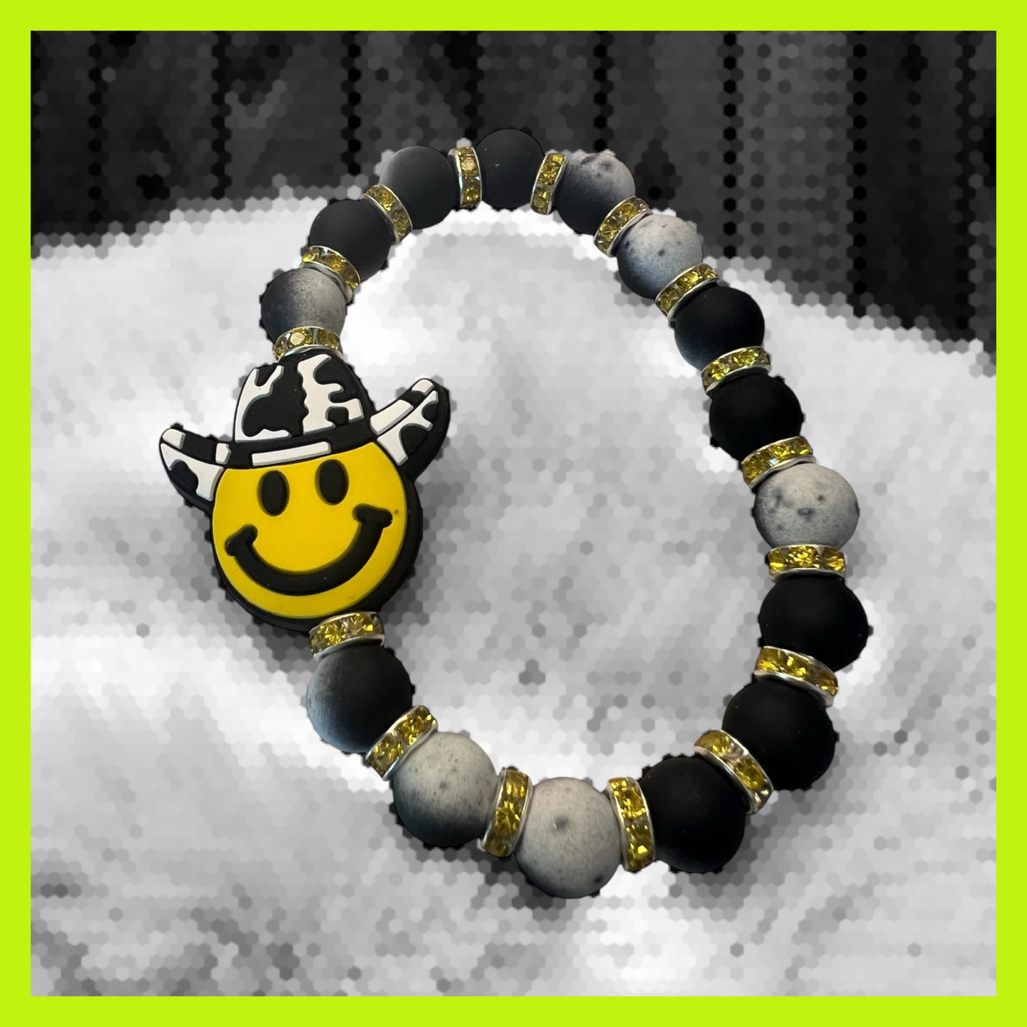 Happy Face Cowboy Country Glam Glass Black & White Bracelet