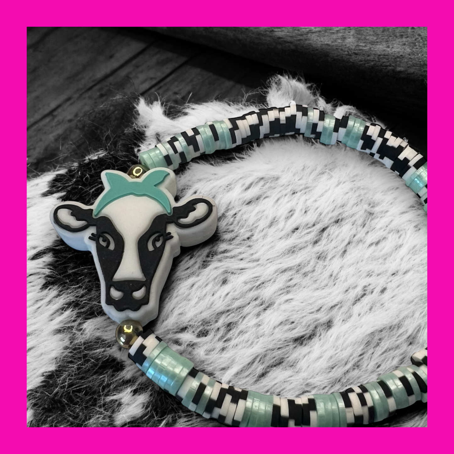 Country Glam Cow Print Black & White Cow Face Clay Bracelet