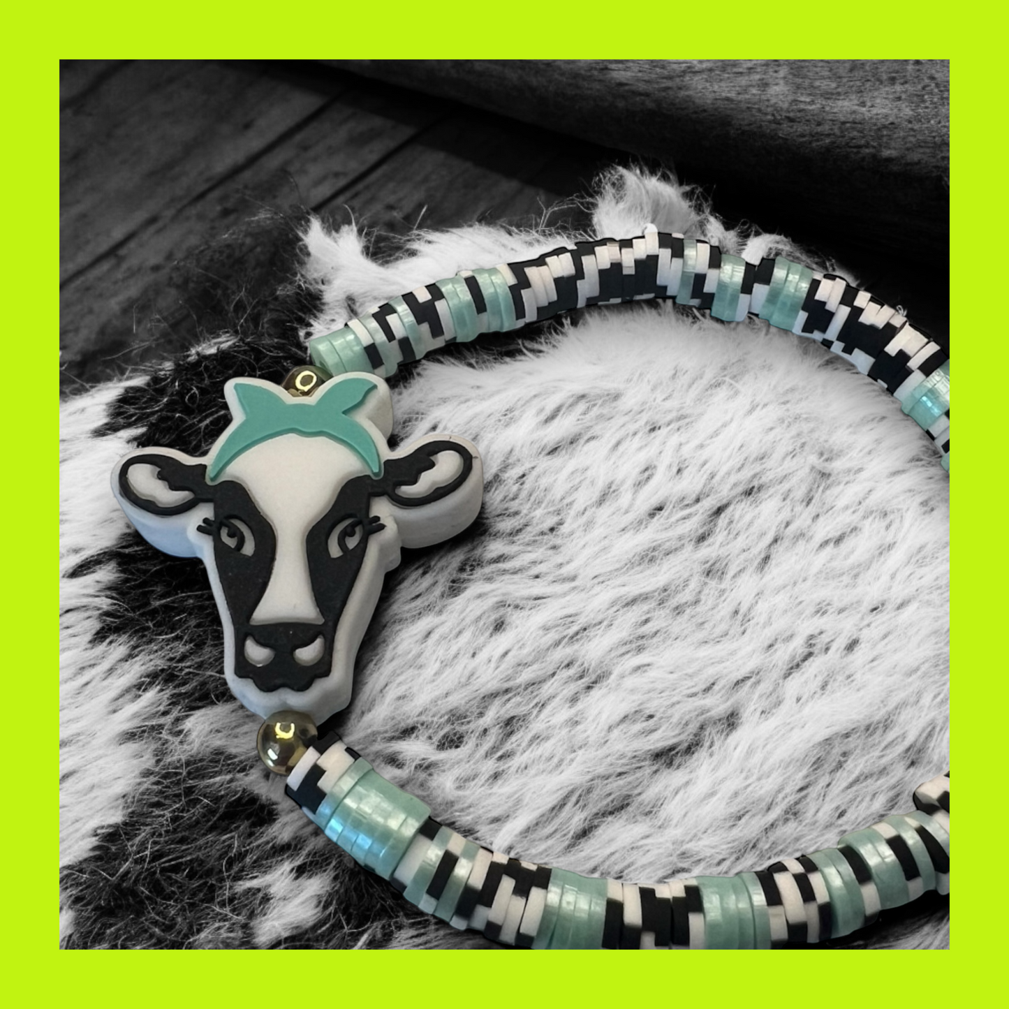 Country Glam Cow Print Black & White Cow Face Clay Bracelet