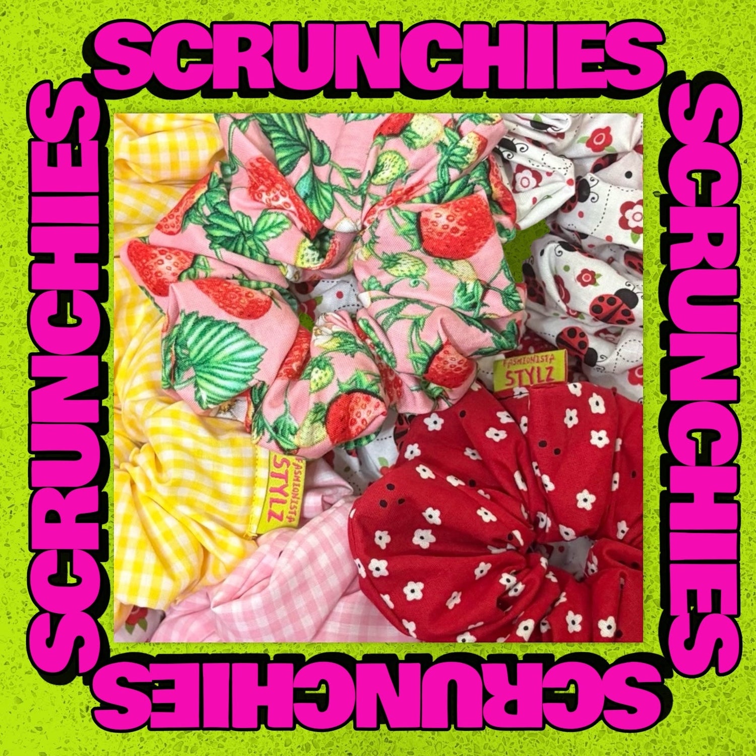 This image shows a pile of scrunchies to represent this SCRUNCHIES category.