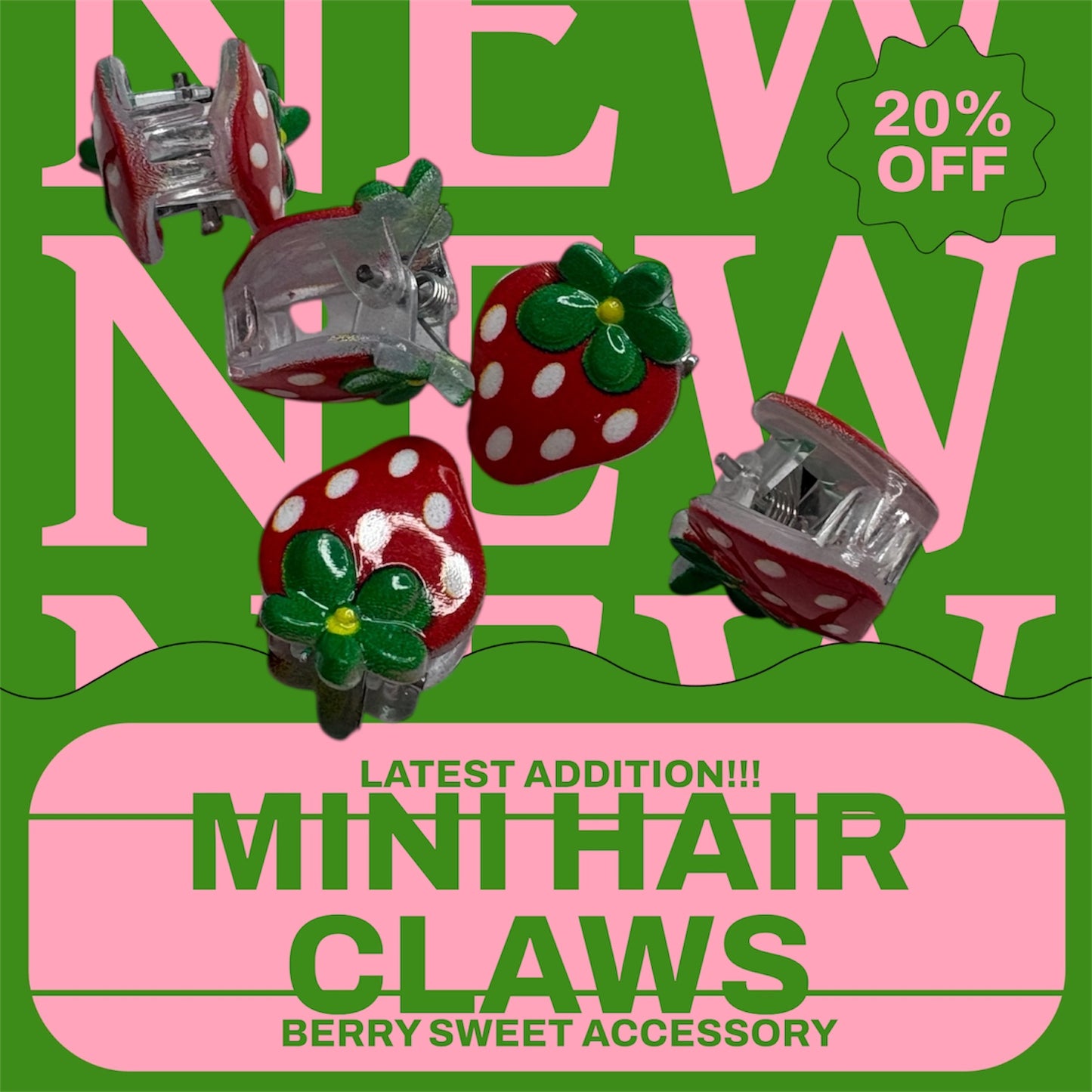 BERRY SWEET COLLECTION- 5pc Cute & Sweet Strawberry Mini Plastic Hair Clip Claws