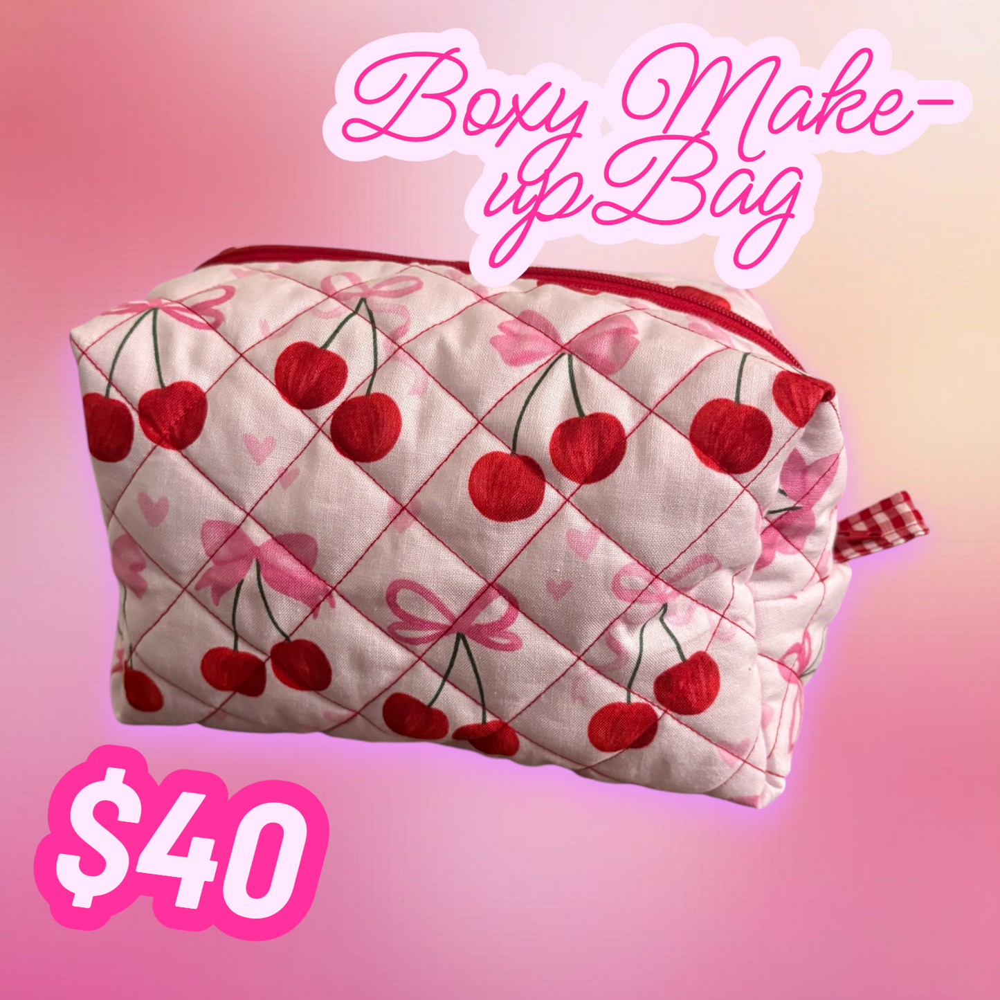 WILD CHERRIES- Quilted Boxy Make-Up Bag