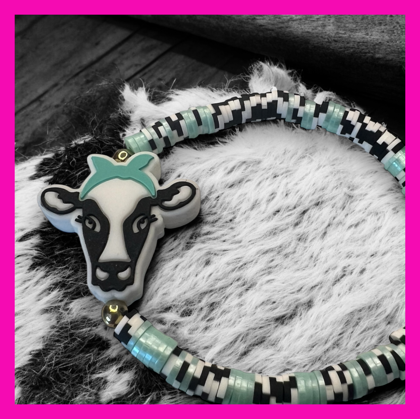 Country Glam Cow Print Black & White Cow Face Clay Bracelet